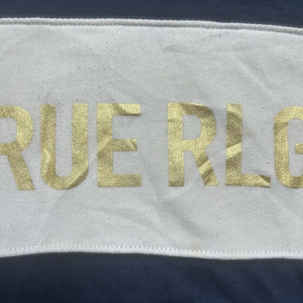 True Religion Hoodie Mens L Blue White Color Block Metallic Logo Sweatshirt SPOT